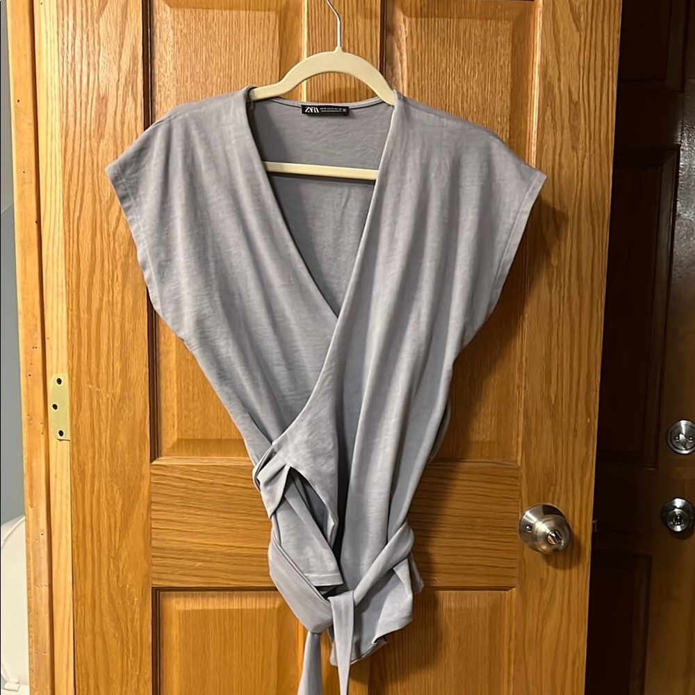 Zara Light Grayish Blue Tie-Front Top